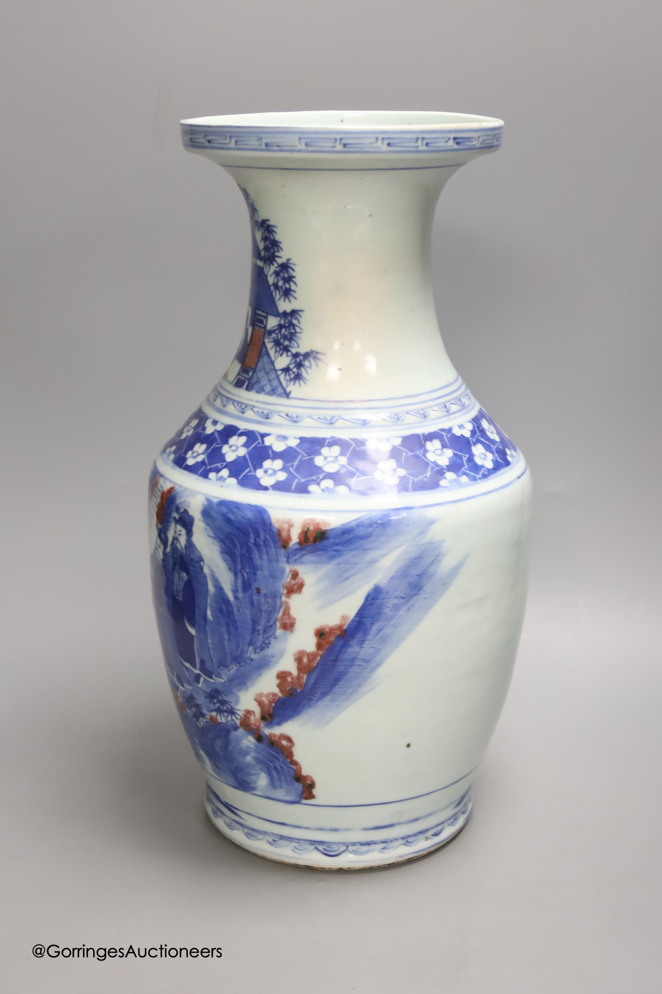 A large Chinese underglaze blue and copper red vase, height 41cm, restored neck